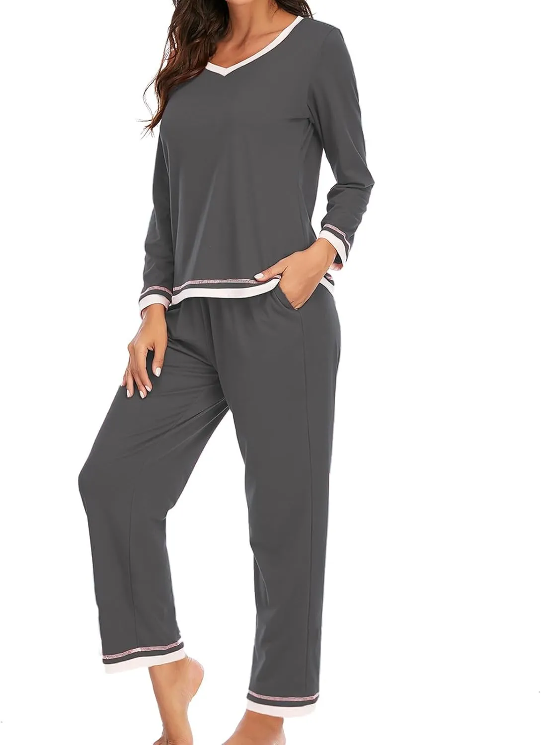 Women Pajamas Set Lounge Long Sleeve Round Neck Sleepwear Tops Comfy Long Pants Soft Sleepwear Nightwear