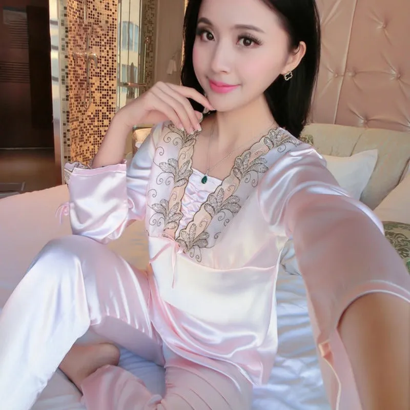 Women Satin Pajamas Flower Lace Sleepwear Suit