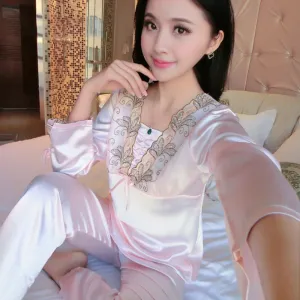 Women Satin Pajamas Flower Lace Sleepwear Suit