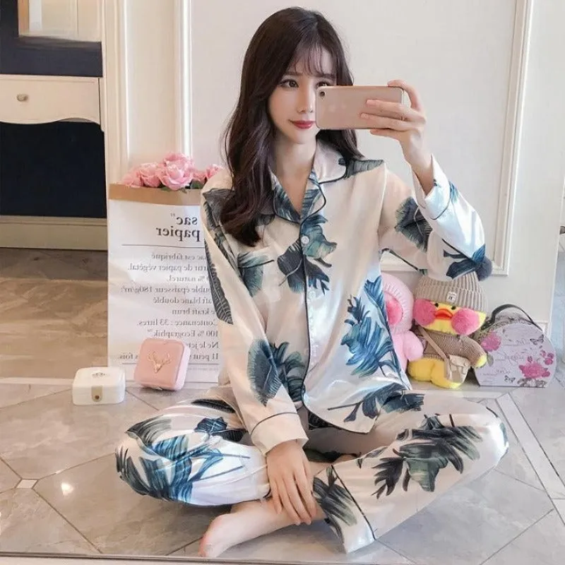 Women Satin Sleepwear 2 Pieces Pyjamas Set Home Clothing Suit