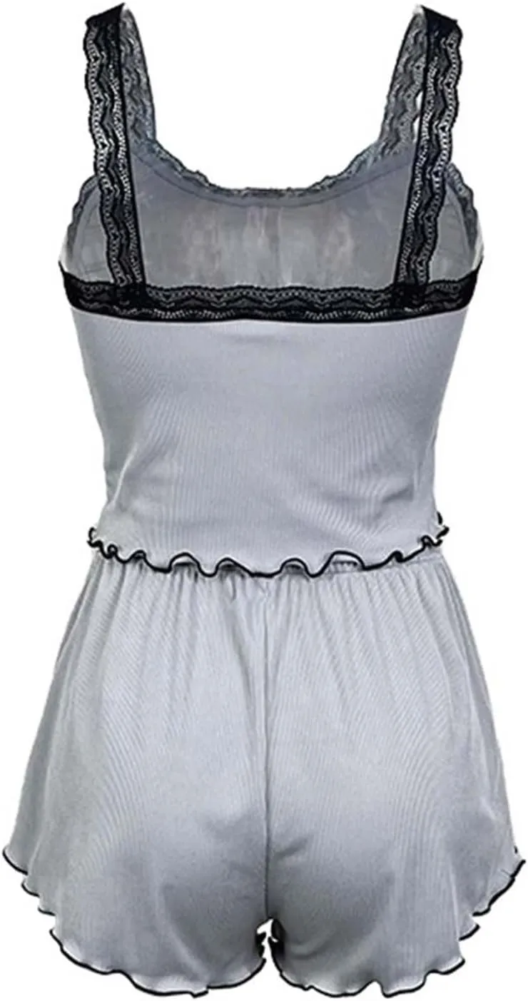 Women Sexy 2 Piece Pajama Set Summer Cute Lace Trim Crop Camisole Top Shorts Lounge Sleepwear Soft Ribbed Knit Pj Set