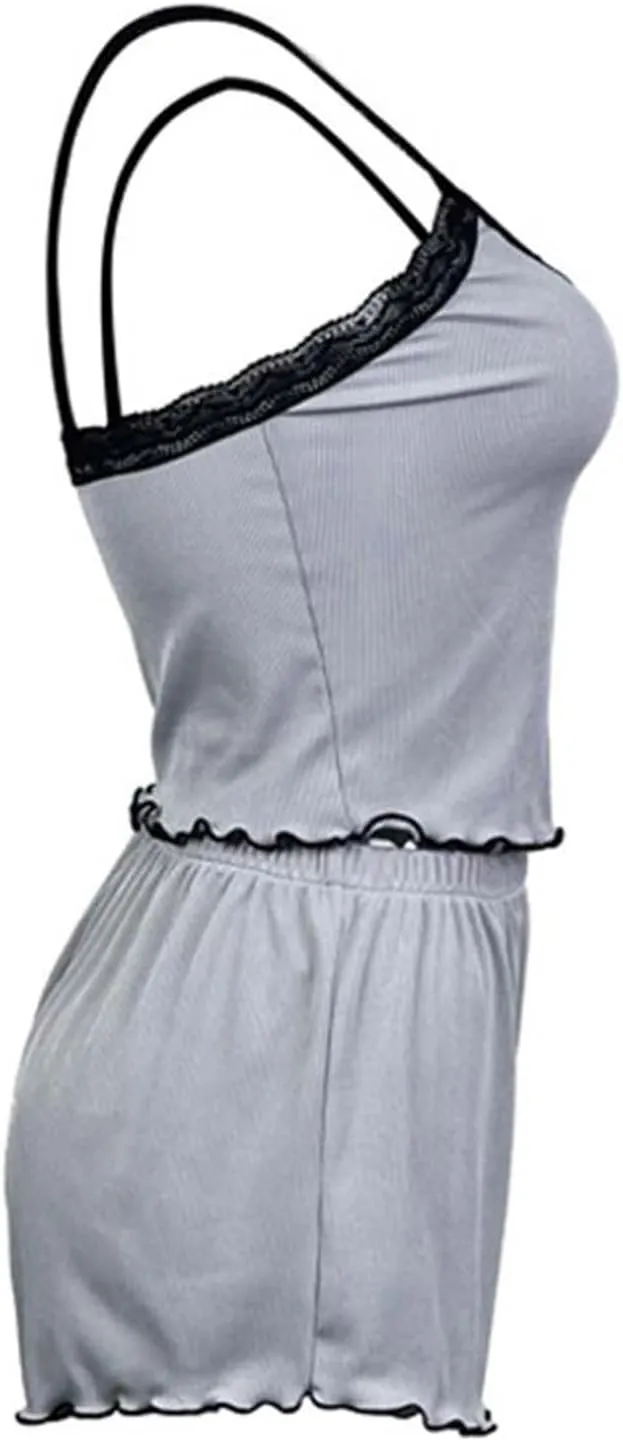 Women Sexy 2 Piece Pajama Set Summer Cute Lace Trim Crop Camisole Top Shorts Lounge Sleepwear Soft Ribbed Knit Pj Set