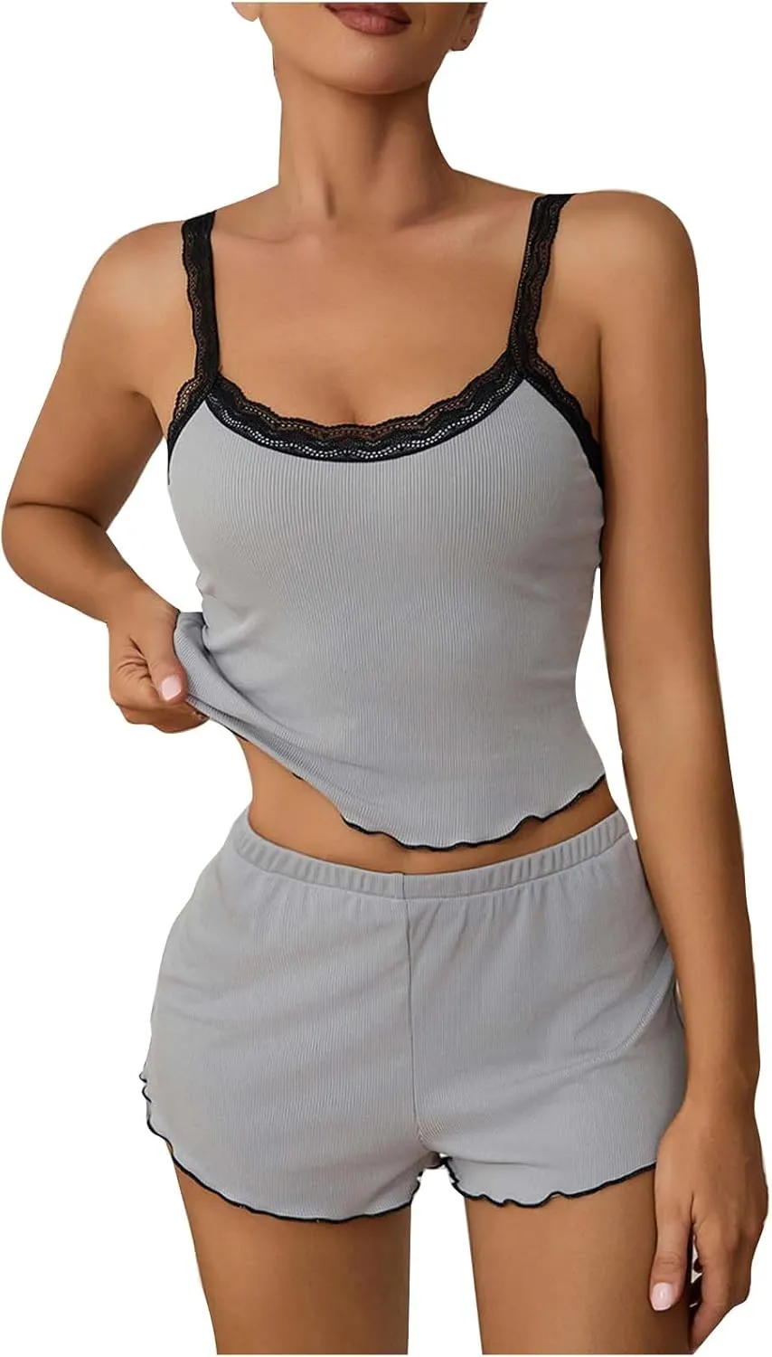 Women Sexy 2 Piece Pajama Set Summer Cute Lace Trim Crop Camisole Top Shorts Lounge Sleepwear Soft Ribbed Knit Pj Set