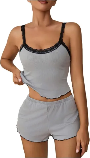 Women Sexy 2 Piece Pajama Set Summer Cute Lace Trim Crop Camisole Top Shorts Lounge Sleepwear Soft Ribbed Knit Pj Set