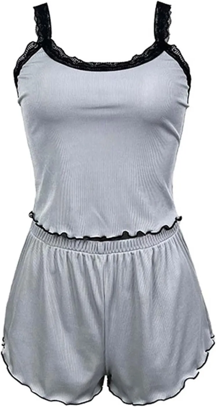Women Sexy 2 Piece Pajama Set Summer Cute Lace Trim Crop Camisole Top Shorts Lounge Sleepwear Soft Ribbed Knit Pj Set