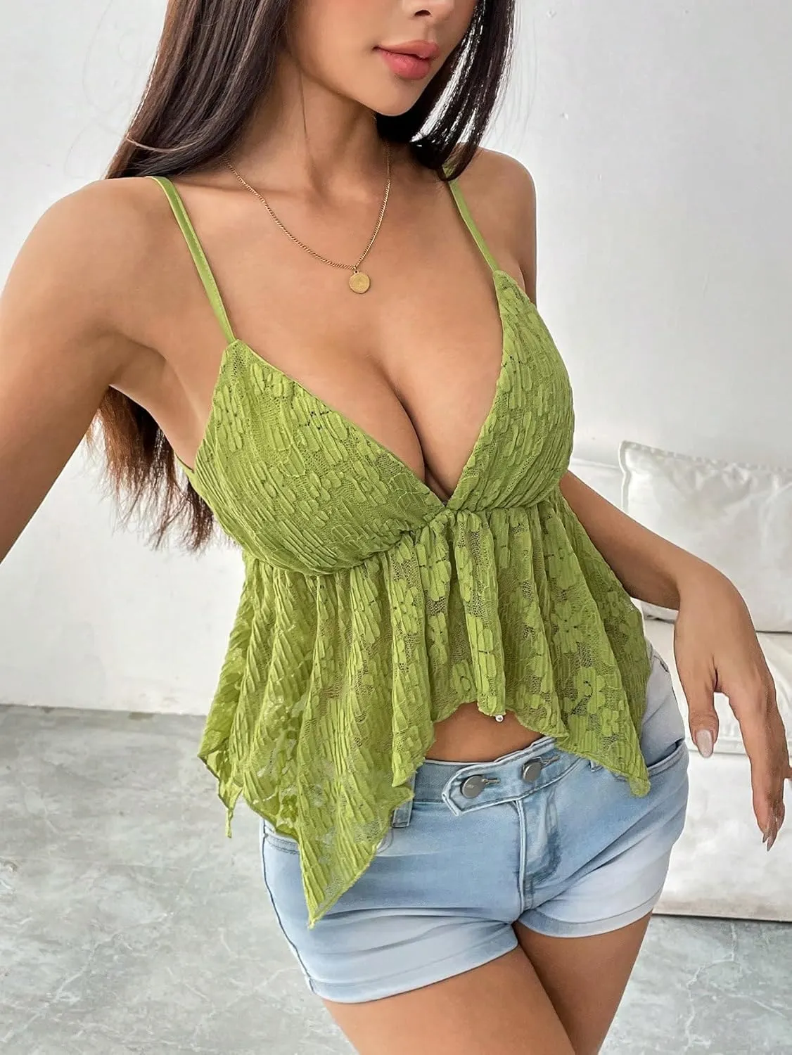Women Sexy Deep V Neck Flowy Hem Babydoll Cami Y2k Strappy Backless Asymmetrical Ruffle Lace Peplum Camisole