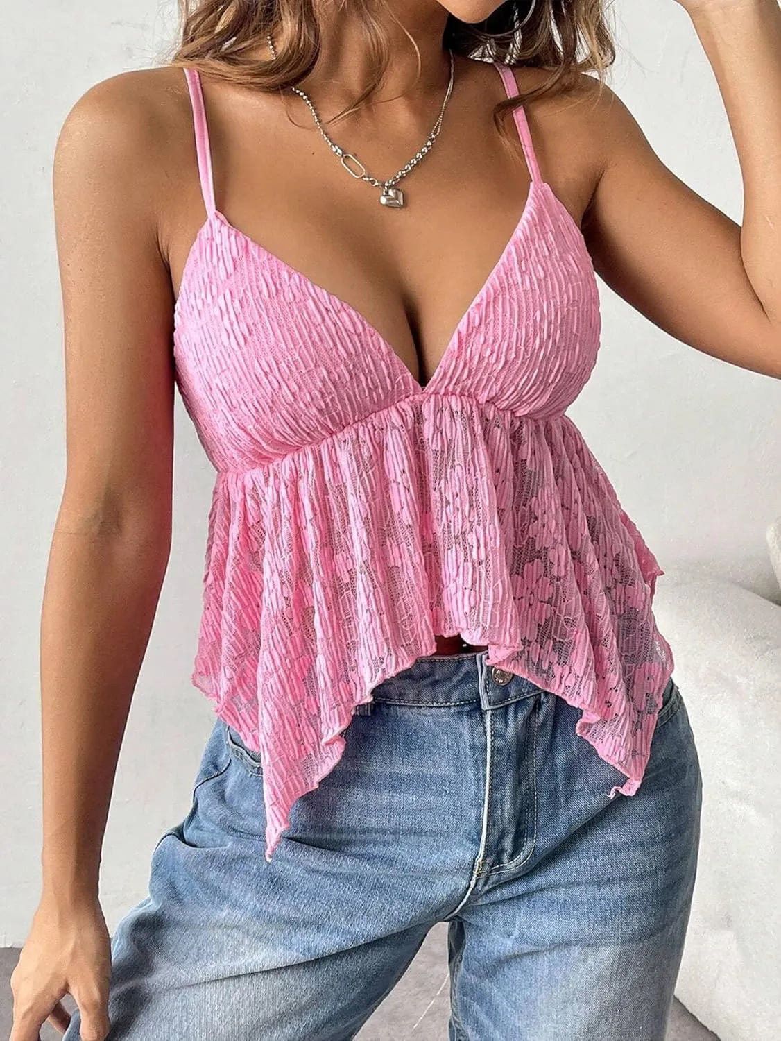 Women Sexy Deep V Neck Flowy Hem Babydoll Cami Y2k Strappy Backless Asymmetrical Ruffle Lace Peplum Camisole
