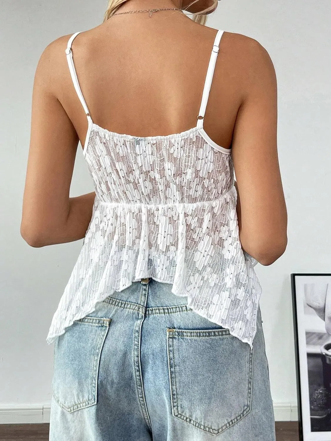 Women Sexy Deep V Neck Flowy Hem Babydoll Cami Y2k Strappy Backless Asymmetrical Ruffle Lace Peplum Camisole