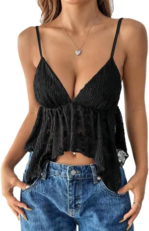 Women Sexy Deep V Neck Flowy Hem Babydoll Cami Y2k Strappy Backless Asymmetrical Ruffle Lace Peplum Camisole