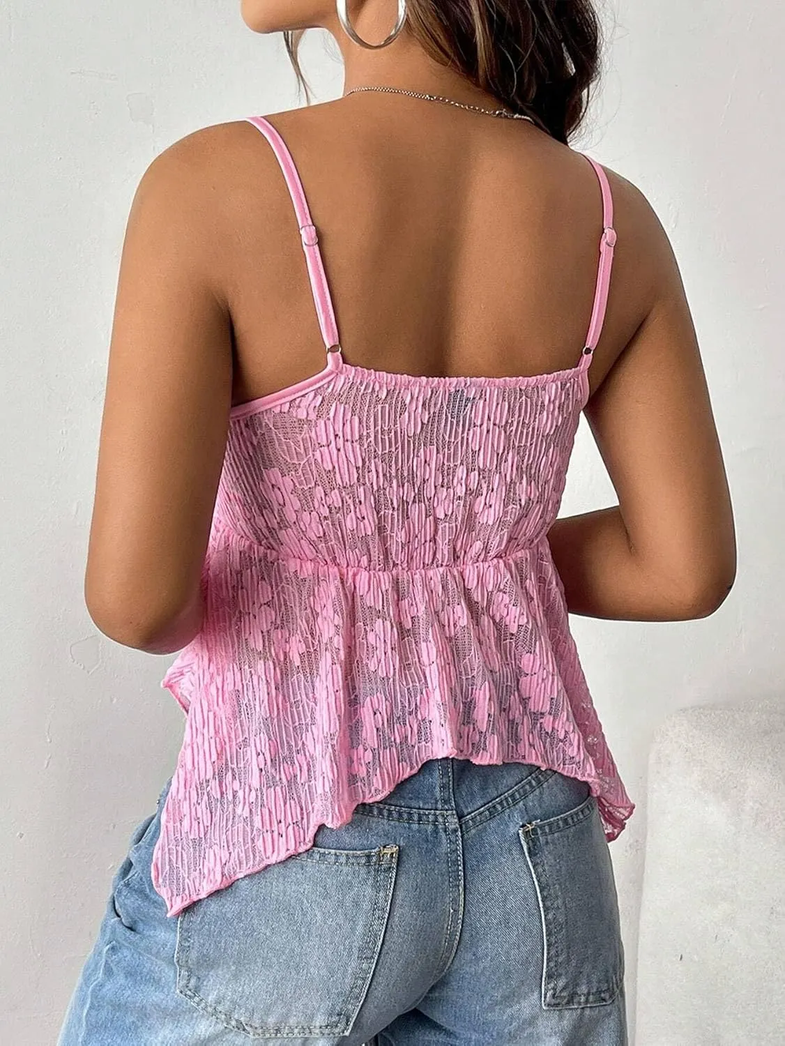 Women Sexy Deep V Neck Flowy Hem Babydoll Cami Y2k Strappy Backless Asymmetrical Ruffle Lace Peplum Camisole