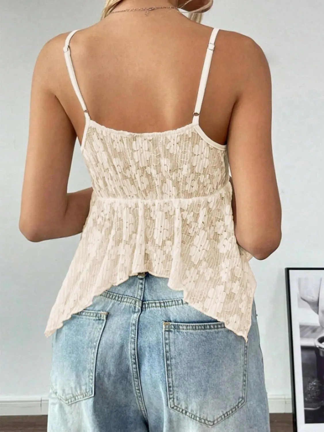 Women Sexy Deep V Neck Flowy Hem Babydoll Cami Y2k Strappy Backless Asymmetrical Ruffle Lace Peplum Camisole