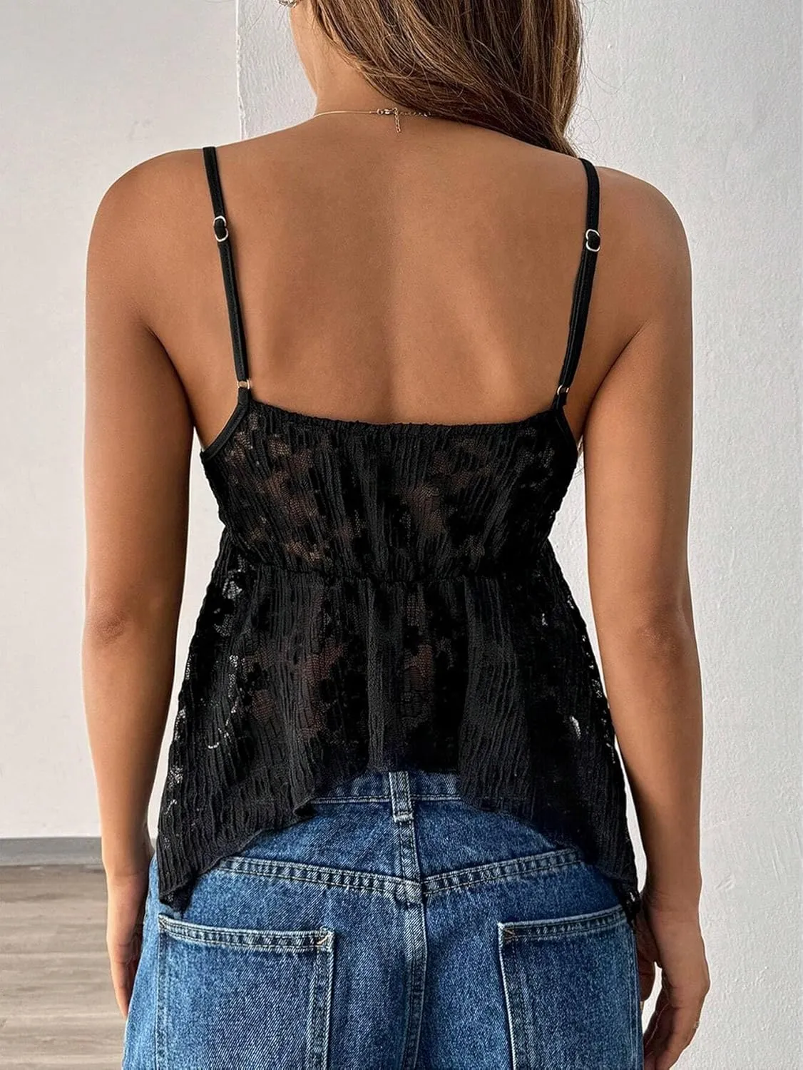 Women Sexy Deep V Neck Flowy Hem Babydoll Cami Y2k Strappy Backless Asymmetrical Ruffle Lace Peplum Camisole