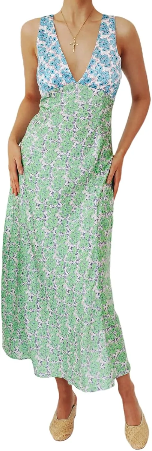 Women Sexy Spaghetti Strap Patchwork Maxi Dress Off Shoulder Hollow Out Long Dress Y2k Bodycon Backless Night Party Dress