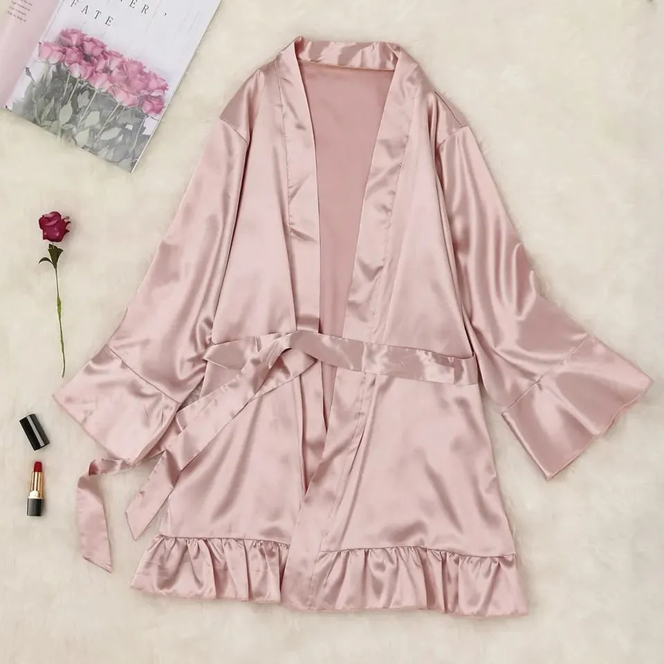 Women Sexy V-neck Silk Satin Night Dress Lace Sleepwear Nightwear Long Sleeve Nighties V-neck Nightgown Nightdress pajamas S4609172