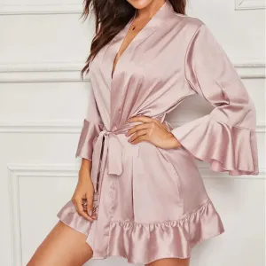Women Sexy V-neck Silk Satin Night Dress Lace Sleepwear Nightwear Long Sleeve Nighties V-neck Nightgown Nightdress pajamas S4609172