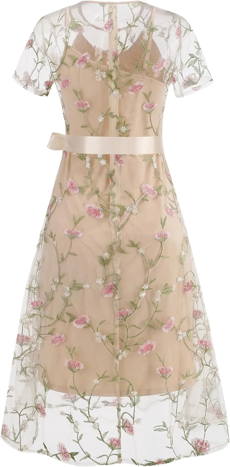 Women Short Sleeve 2 Piece Floral Embroidery Dress Mesh Sheer Wedding Tulle Prom Midi Evening Cocktail Party Dress with Belt