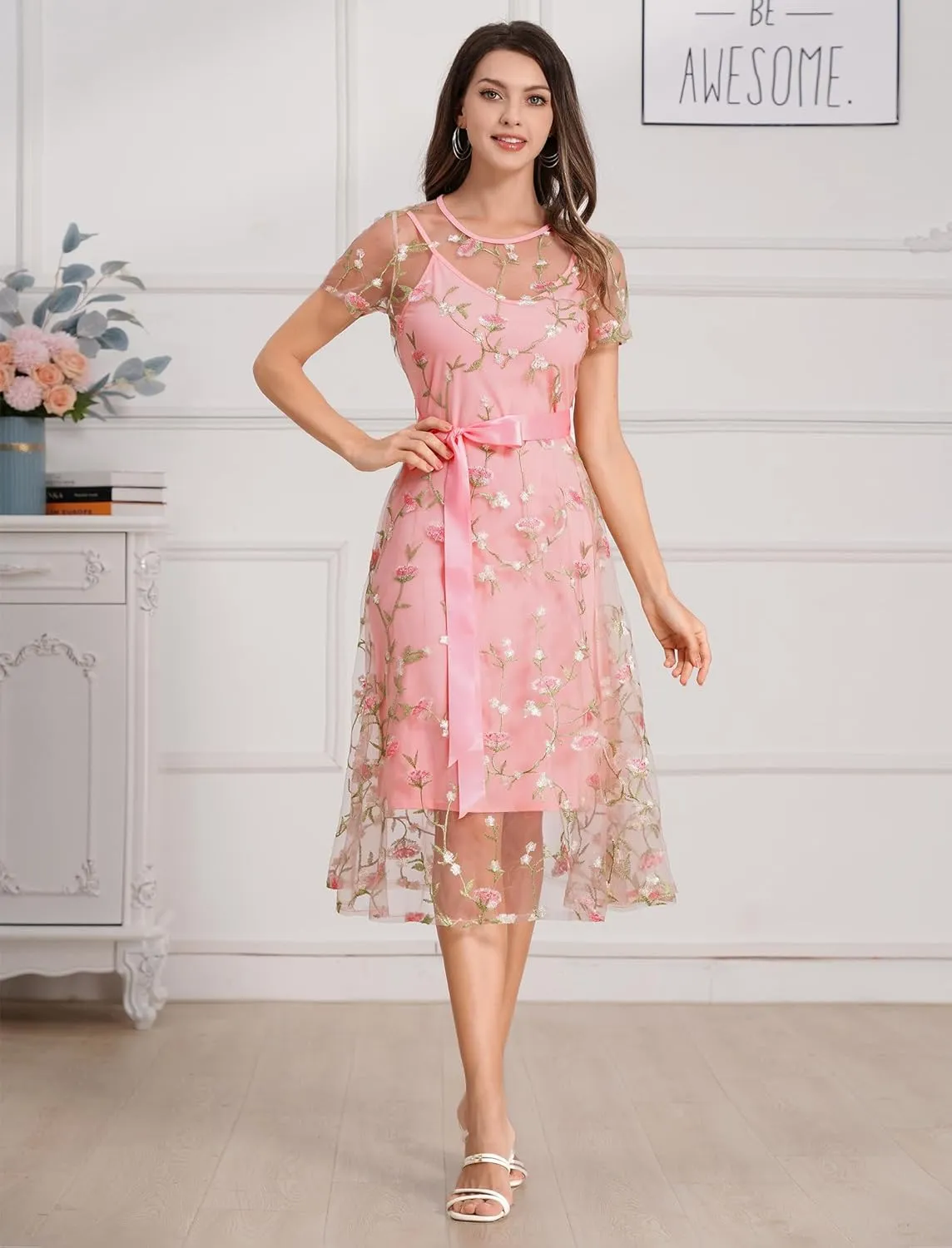 Women Short Sleeve 2 Piece Floral Embroidery Dress Mesh Sheer Wedding Tulle Prom Midi Evening Cocktail Party Dress with Belt