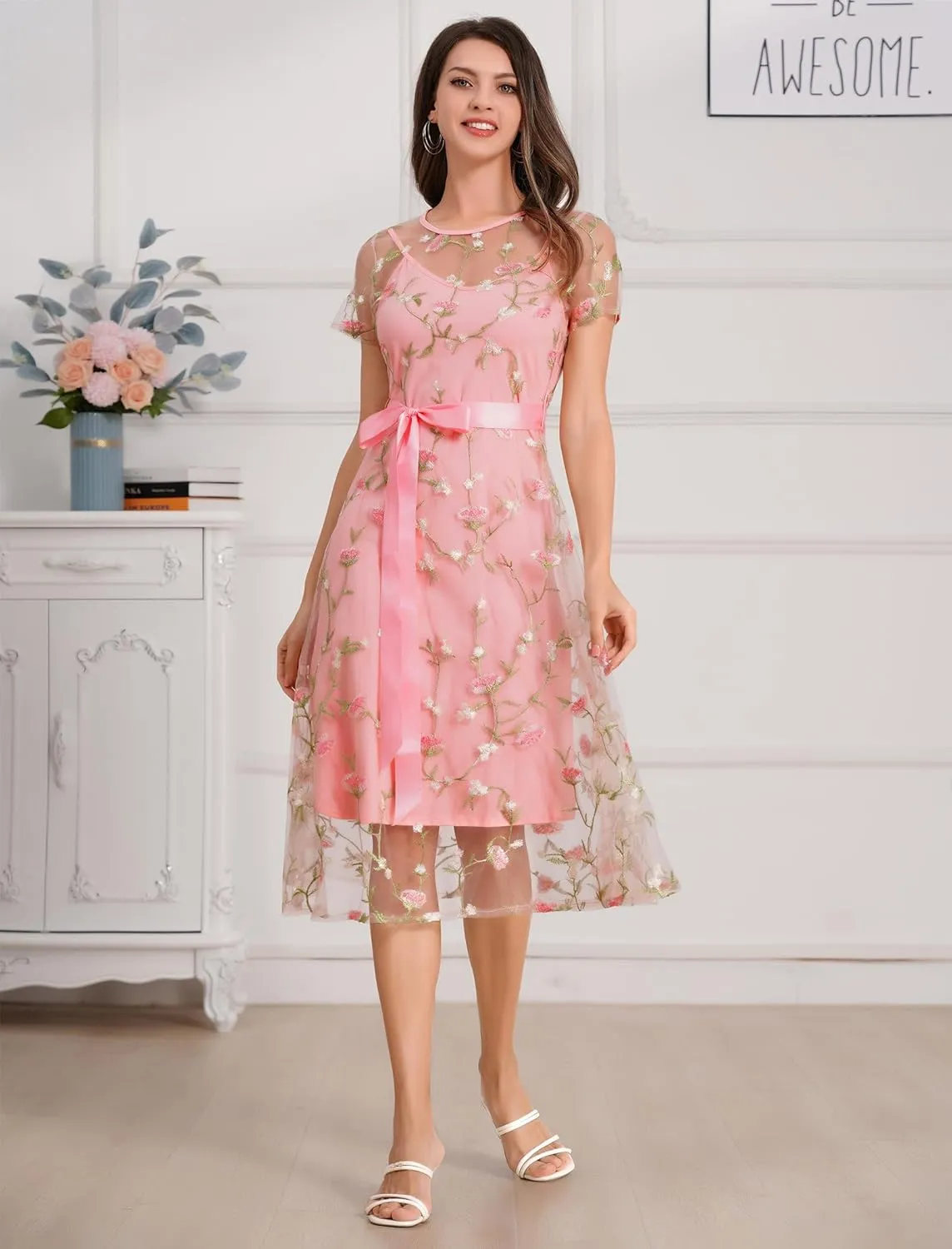Women Short Sleeve 2 Piece Floral Embroidery Dress Mesh Sheer Wedding Tulle Prom Midi Evening Cocktail Party Dress with Belt