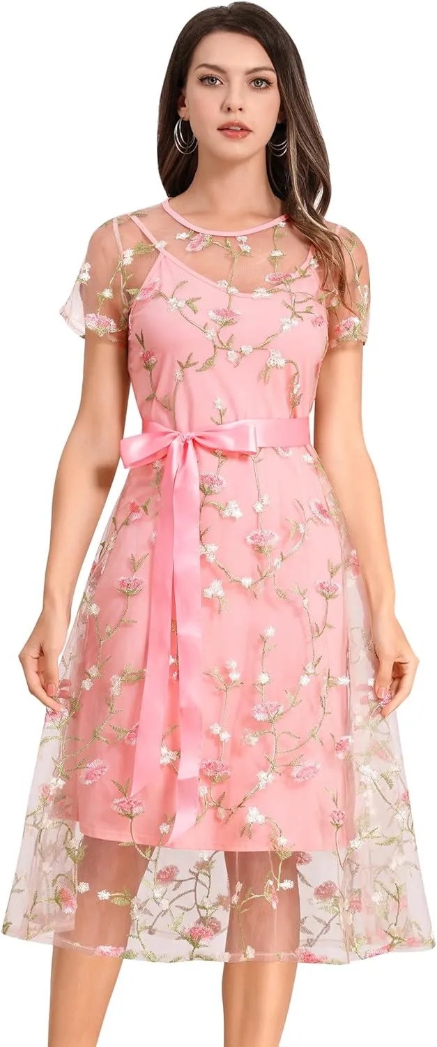 Women Short Sleeve 2 Piece Floral Embroidery Dress Mesh Sheer Wedding Tulle Prom Midi Evening Cocktail Party Dress with Belt