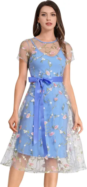Women Short Sleeve 2 Piece Floral Embroidery Dress Mesh Sheer Wedding Tulle Prom Midi Evening Cocktail Party Dress with Belt