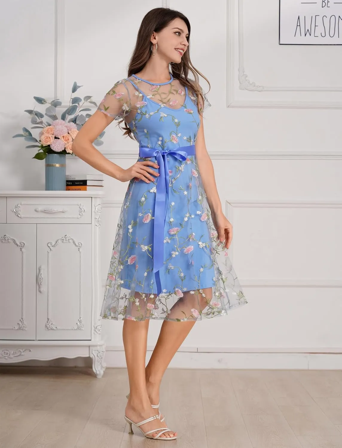 Women Short Sleeve 2 Piece Floral Embroidery Dress Mesh Sheer Wedding Tulle Prom Midi Evening Cocktail Party Dress with Belt