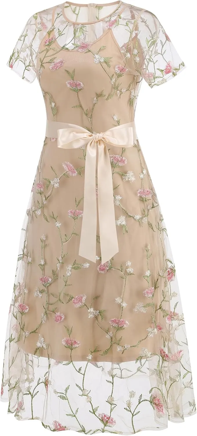 Women Short Sleeve 2 Piece Floral Embroidery Dress Mesh Sheer Wedding Tulle Prom Midi Evening Cocktail Party Dress with Belt