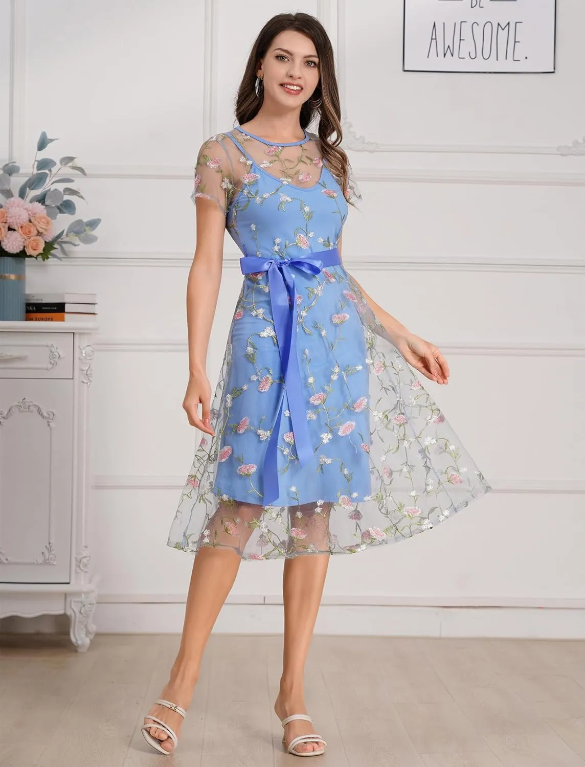 Women Short Sleeve 2 Piece Floral Embroidery Dress Mesh Sheer Wedding Tulle Prom Midi Evening Cocktail Party Dress with Belt
