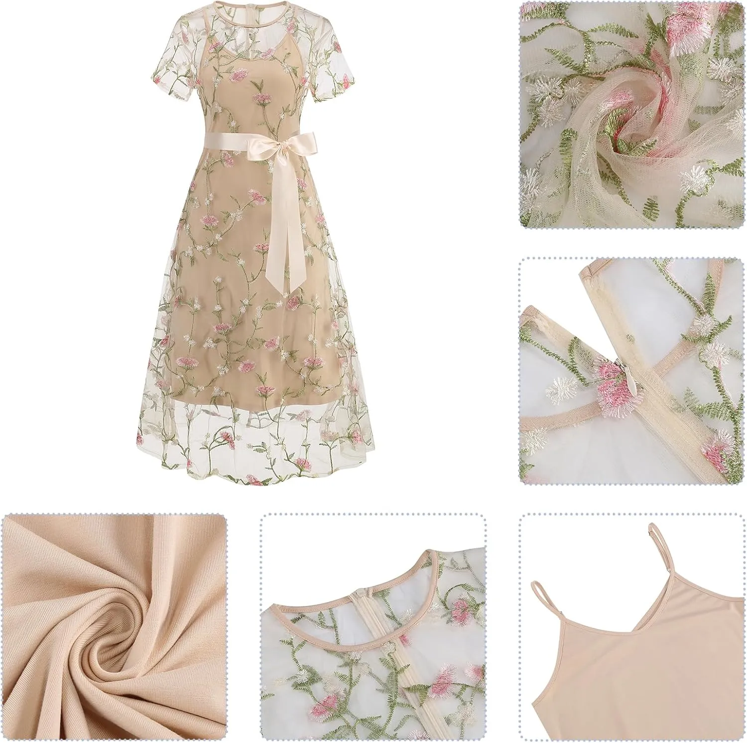 Women Short Sleeve 2 Piece Floral Embroidery Dress Mesh Sheer Wedding Tulle Prom Midi Evening Cocktail Party Dress with Belt