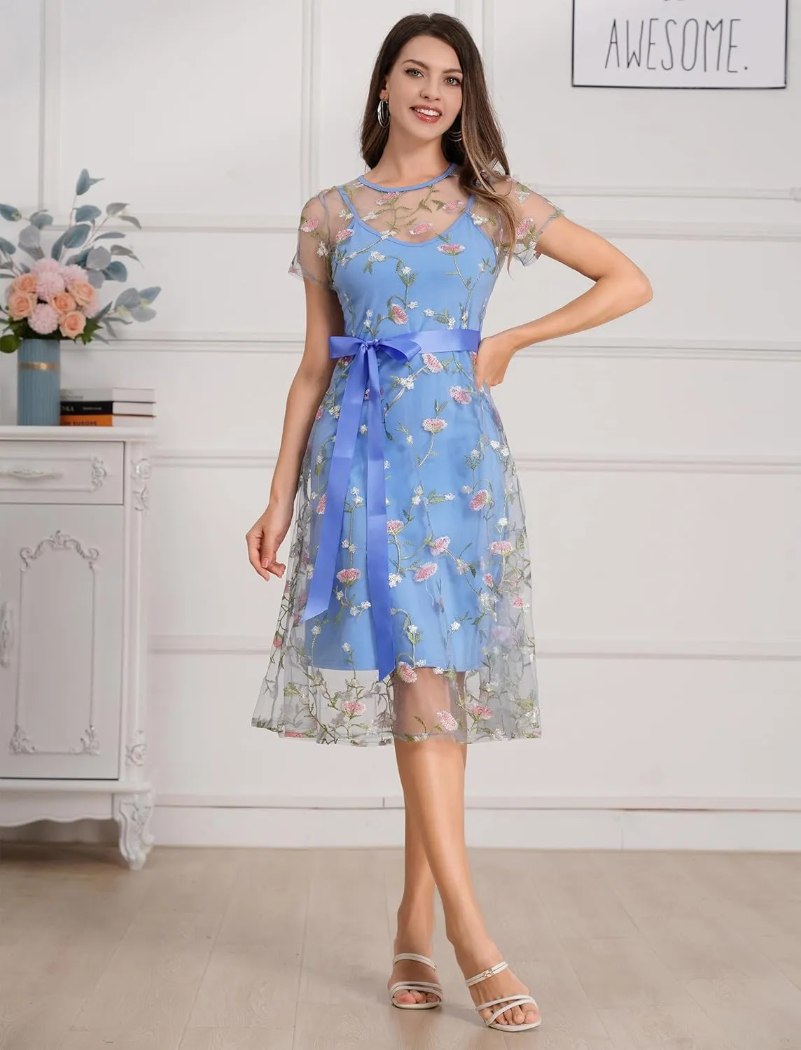 Women Short Sleeve 2 Piece Floral Embroidery Dress Mesh Sheer Wedding Tulle Prom Midi Evening Cocktail Party Dress with Belt