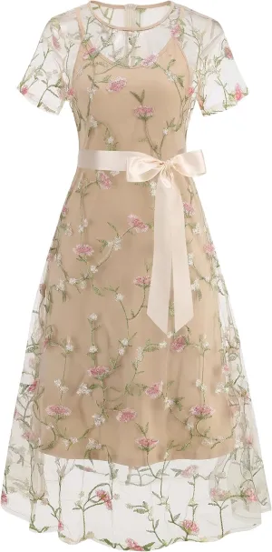 Women Short Sleeve 2 Piece Floral Embroidery Dress Mesh Sheer Wedding Tulle Prom Midi Evening Cocktail Party Dress with Belt
