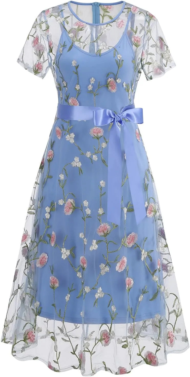 Women Short Sleeve 2 Piece Floral Embroidery Dress Mesh Sheer Wedding Tulle Prom Midi Evening Cocktail Party Dress with Belt