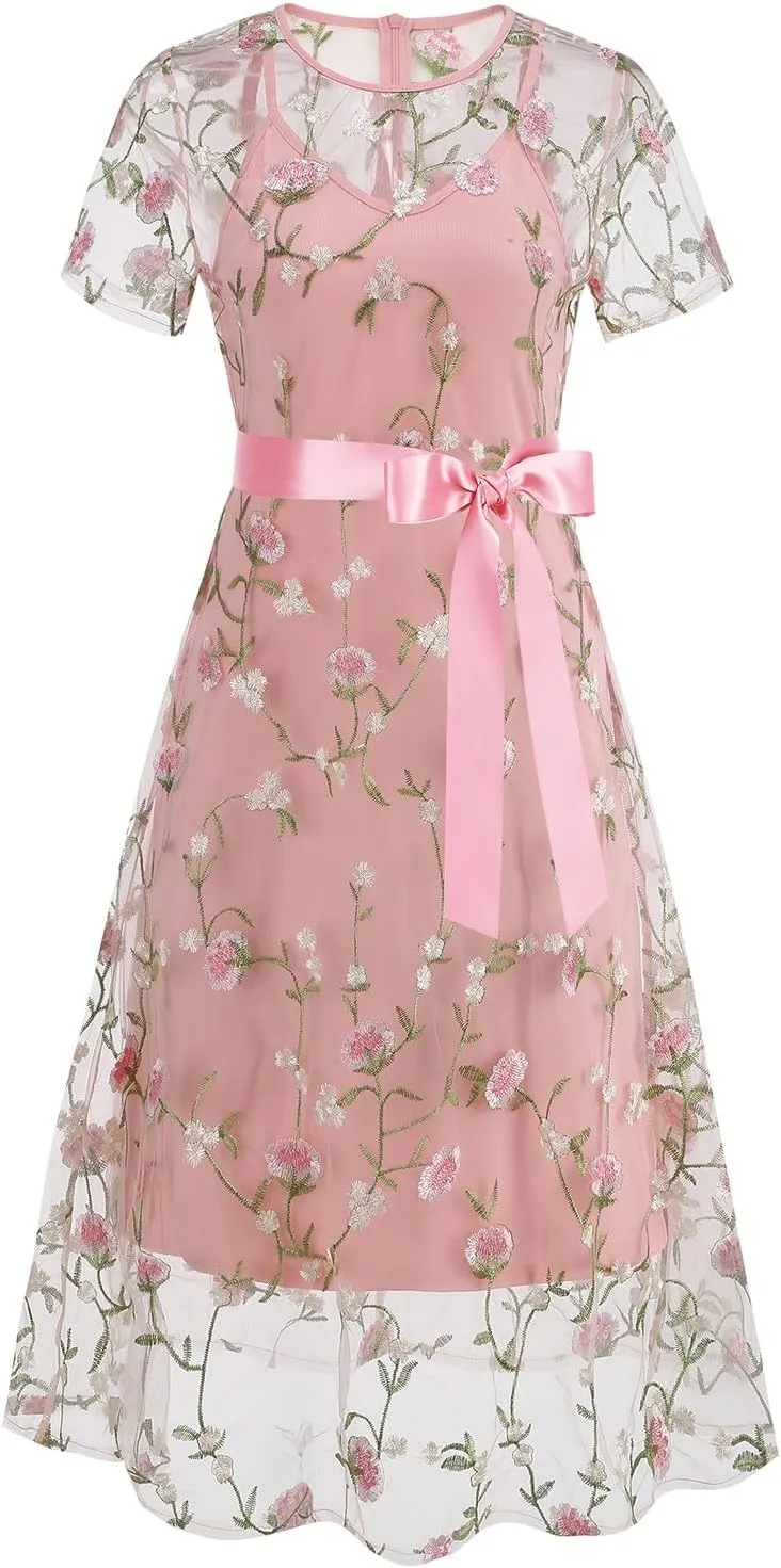 Women Short Sleeve 2 Piece Floral Embroidery Dress Mesh Sheer Wedding Tulle Prom Midi Evening Cocktail Party Dress with Belt