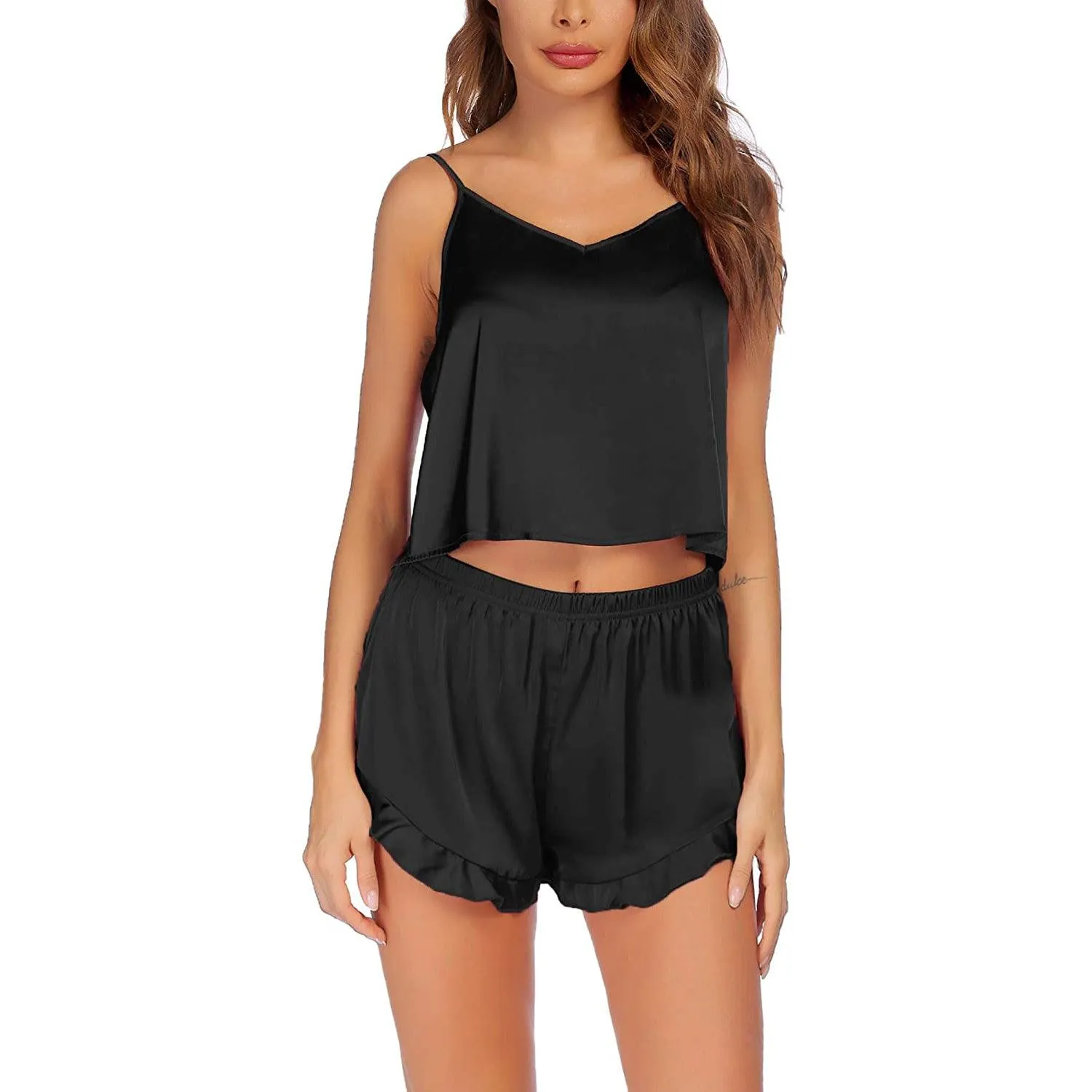 Women Silk Cami Shorts Set Camisole Set Ruffled Pants Silk Sleepwear
