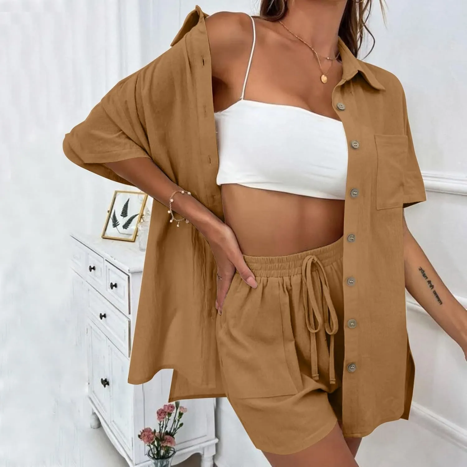 Women Summer Cotton Linen Short Sets 2 Piece Shorts Top Lounge Beach Vacation Two Piece Outfits Tracksuits 2025 Trendy
