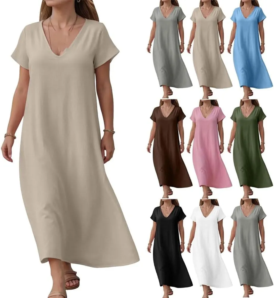 Women Summer Short Sleeve Casual Flowy Dress Solid Color V Neck Short Sleeve Shirt Dress