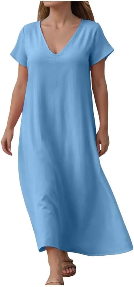 Women Summer Short Sleeve Casual Flowy Dress Solid Color V Neck Short Sleeve Shirt Dress