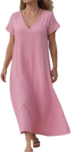 Women Summer Short Sleeve Casual Flowy Dress Solid Color V Neck Short Sleeve Shirt Dress