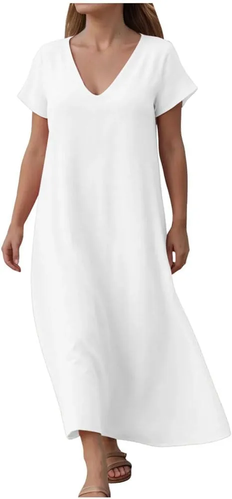 Women Summer Short Sleeve Casual Flowy Dress Solid Color V Neck Short Sleeve Shirt Dress