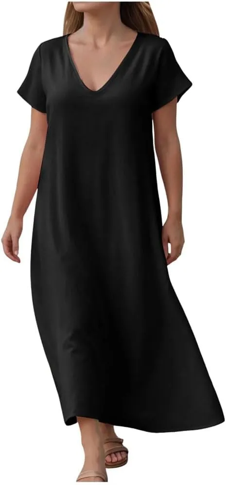 Women Summer Short Sleeve Casual Flowy Dress Solid Color V Neck Short Sleeve Shirt Dress