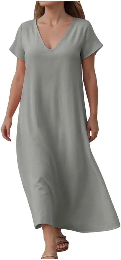 Women Summer Short Sleeve Casual Flowy Dress Solid Color V Neck Short Sleeve Shirt Dress