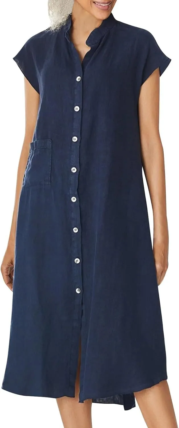 Women Summer Short Sleeve Cotton Linen Dress Solid Color Button Down Shirt Dress Casual Maxi Dresses with Pockets