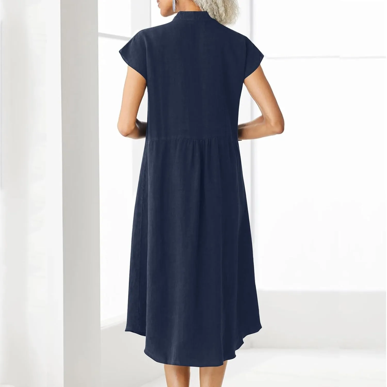 Women Summer Short Sleeve Cotton Linen Dress Solid Color Button Down Shirt Dress Casual Maxi Dresses with Pockets