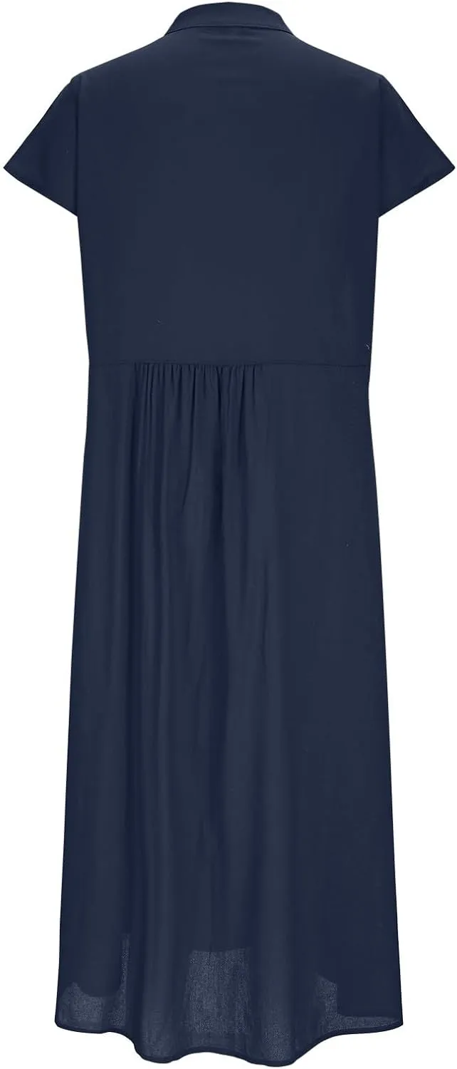 Women Summer Short Sleeve Cotton Linen Dress Solid Color Button Down Shirt Dress Casual Maxi Dresses with Pockets