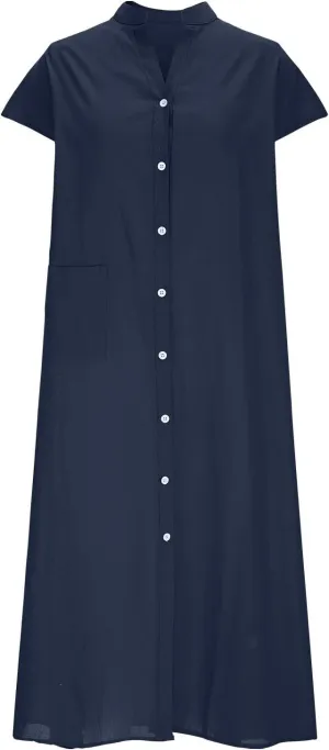 Women Summer Short Sleeve Cotton Linen Dress Solid Color Button Down Shirt Dress Casual Maxi Dresses with Pockets