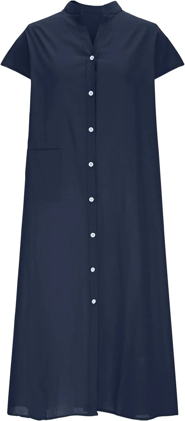 Women Summer Short Sleeve Cotton Linen Dress Solid Color Button Down Shirt Dress Casual Maxi Dresses with Pockets