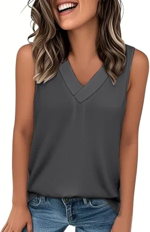 Women Summer Tank Top Dressy 2025 Vacation Sleeveless V Neck Loose Tees Fashion Casual Clothes