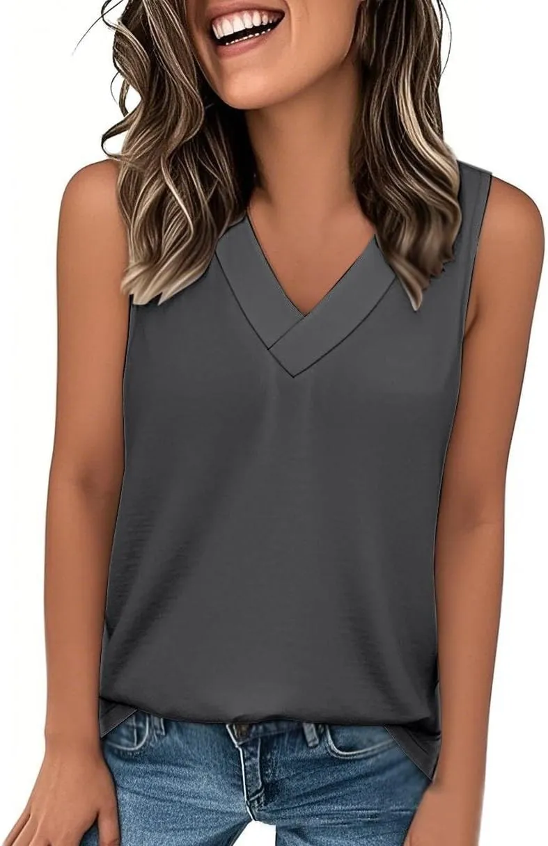 Women Summer Tank Top Dressy 2025 Vacation Sleeveless V Neck Loose Tees Fashion Casual Clothes
