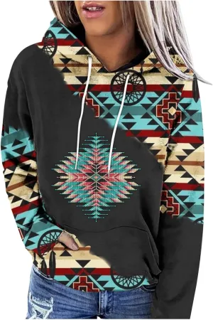 Women Western Aztec Hoodies Long Sleeve Pullover Sweatshirts Graphic Vintage Shirts Tops Cowgirl Wear Clothes 2023