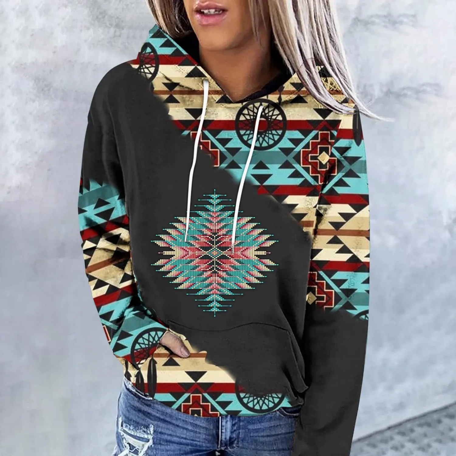 Women Western Aztec Hoodies Long Sleeve Pullover Sweatshirts Graphic Vintage Shirts Tops Cowgirl Wear Clothes 2023