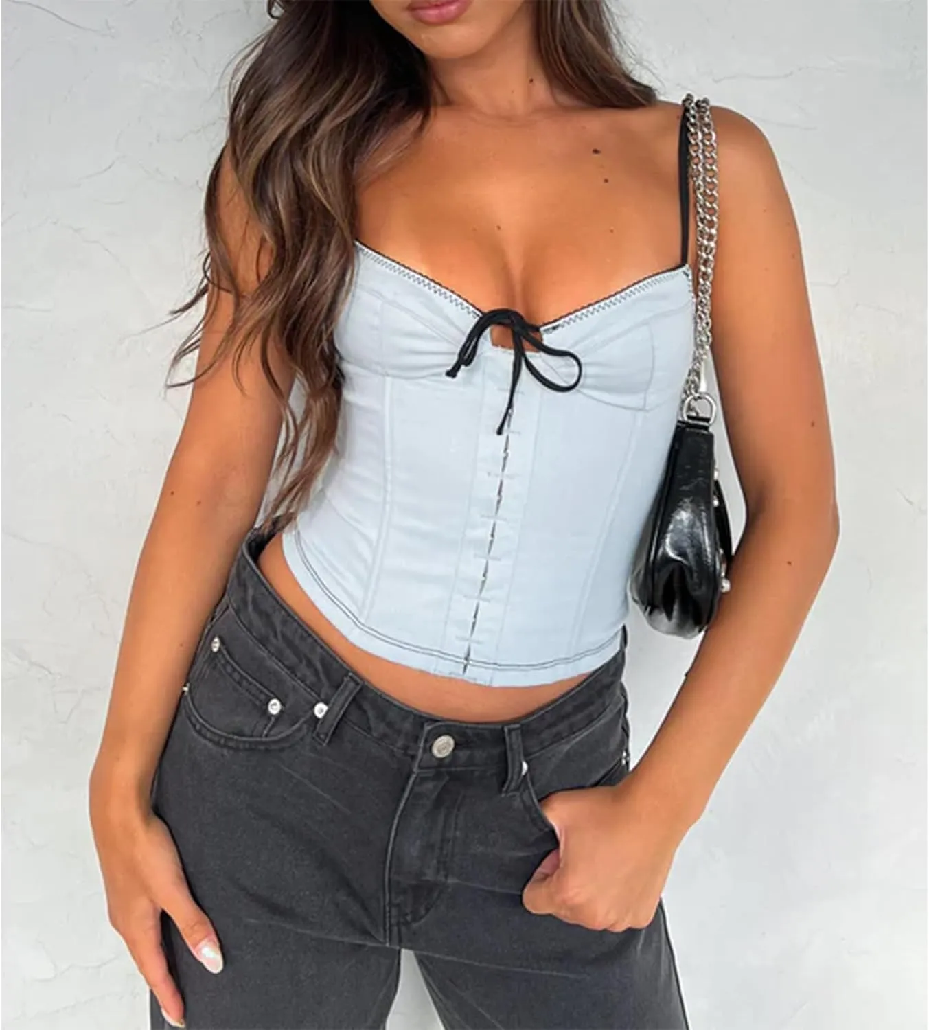 Women Y2k Spaghetti Strap Camisole Crop Top Deep V Neeck Slim Fitted Vest Going Out Shirt Tank Tops Streetwear